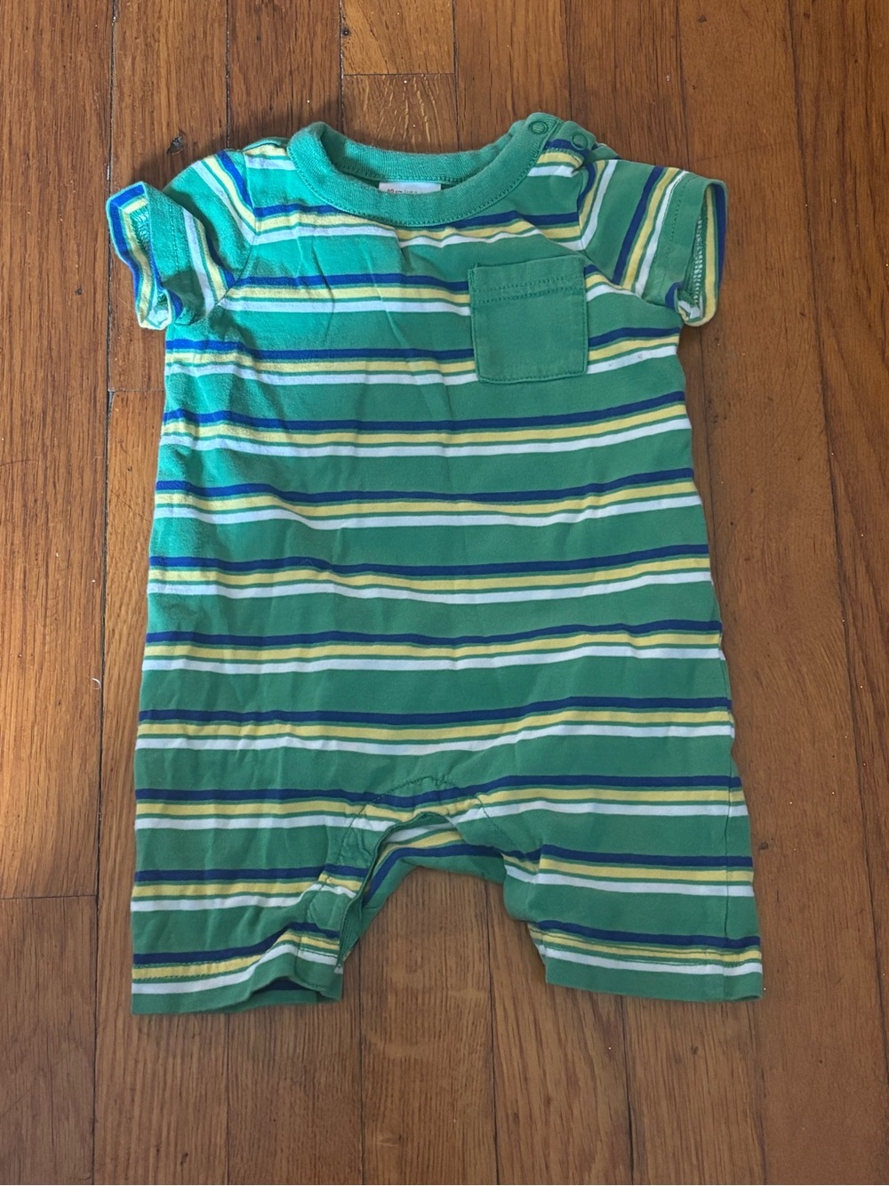 Hanna Andersson Green Striped Short-Sleeve Romper with Pocket